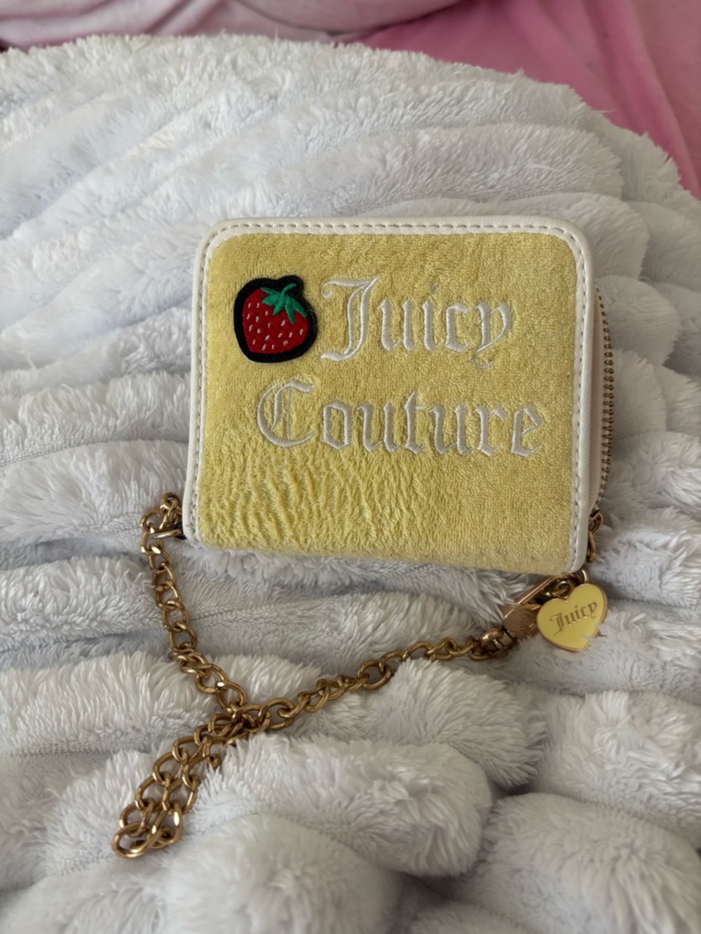 Juicy Couture Yellow Strawberry Zip Wallet with Gold Chain Heart Charm